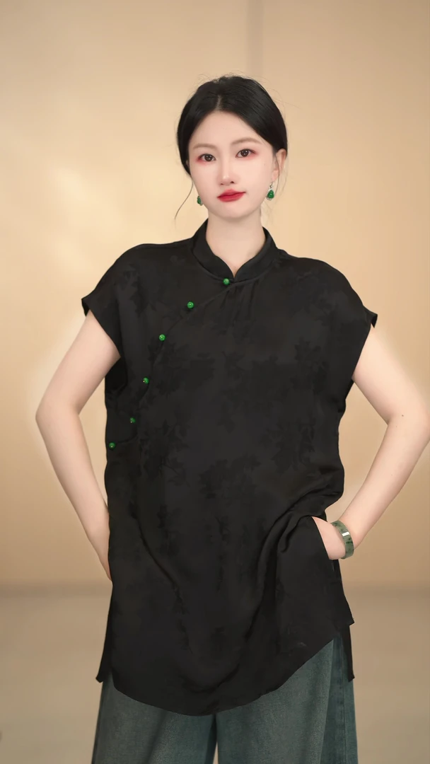 「青衫墨」新中式网红气质立领斜襟显瘦重磅夏季黑色时尚提花小衫