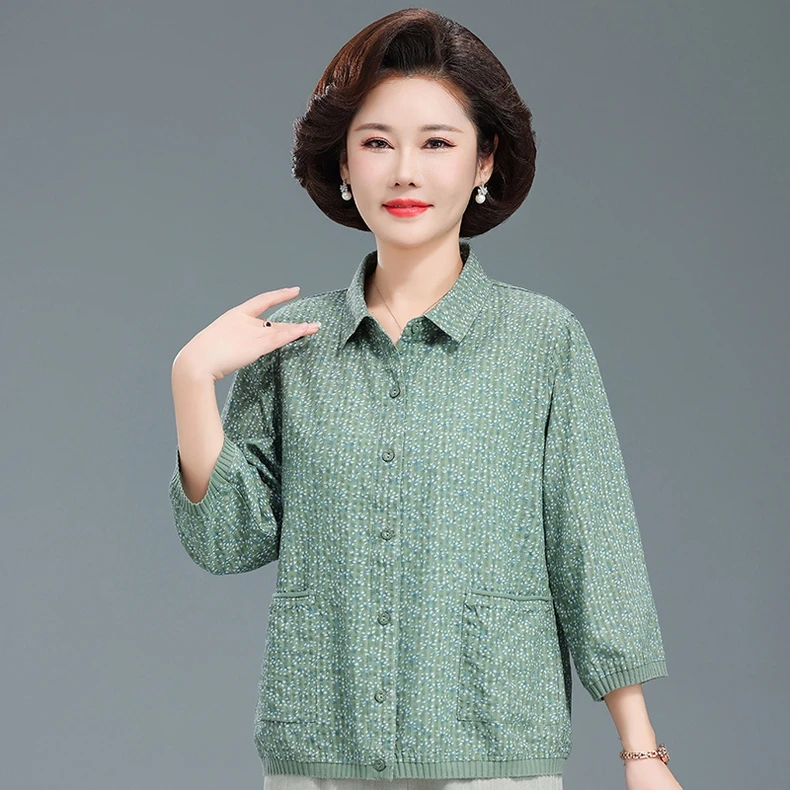 新款洋气中老年女春夏装七分袖棉质衬衣妈妈衬衫奶奶加肥开衫上衣
