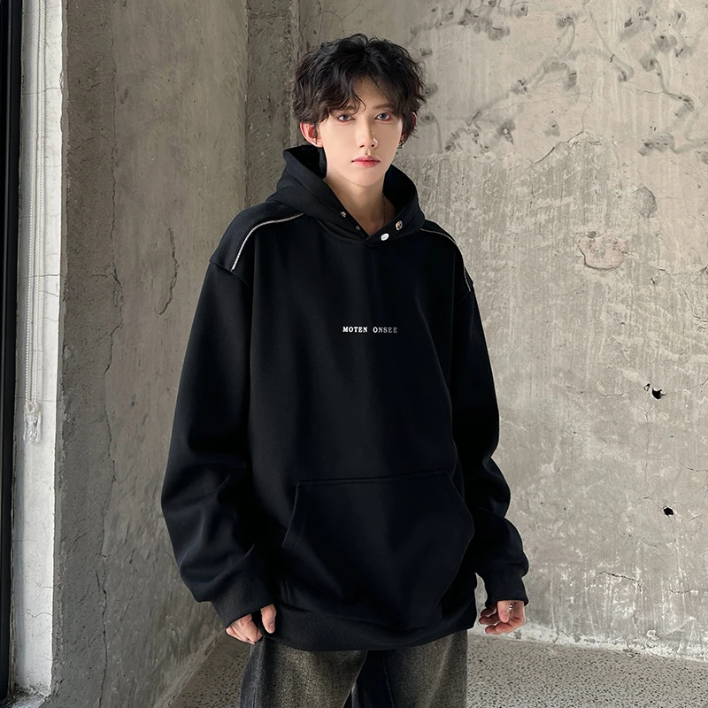 秋冬加绒加厚重磅搭扣卫衣男cleanfit潮牌美式休闲百搭连帽外套