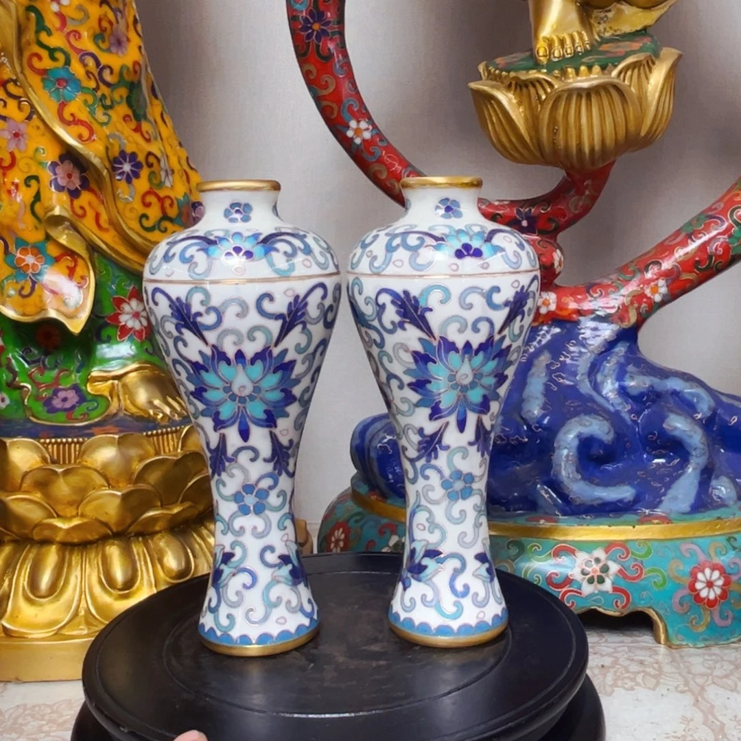 周***深铜景泰蓝梅瓶一对