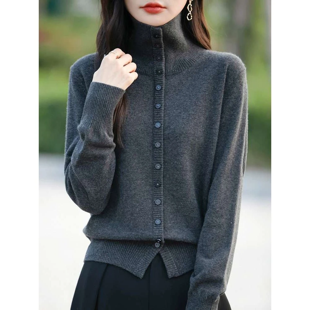 翻领灰色针织衫女开衫毛衣2025秋季新款大码显瘦高级感长袖上衣