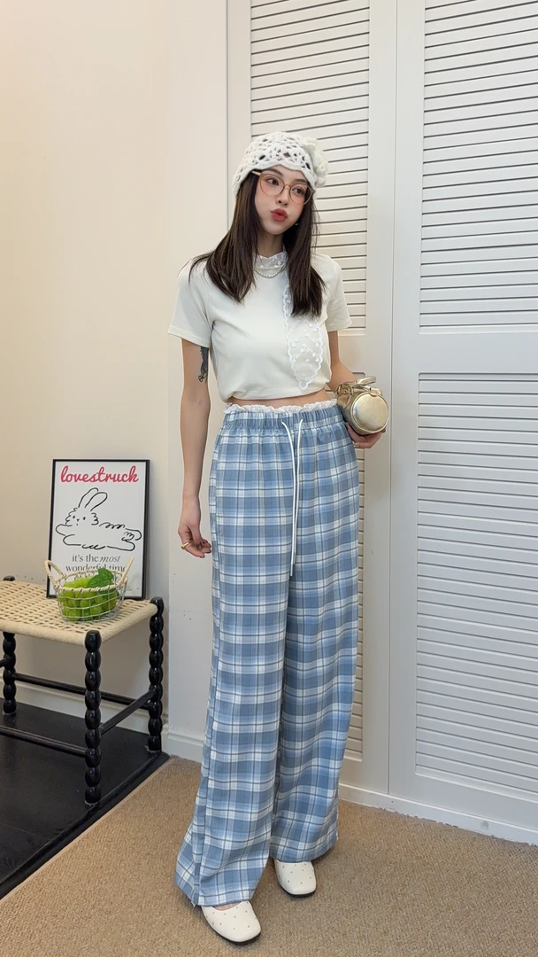 夏季小众炸街高级感女装百搭休闲出行新款格子梨形阔腿裤子1902