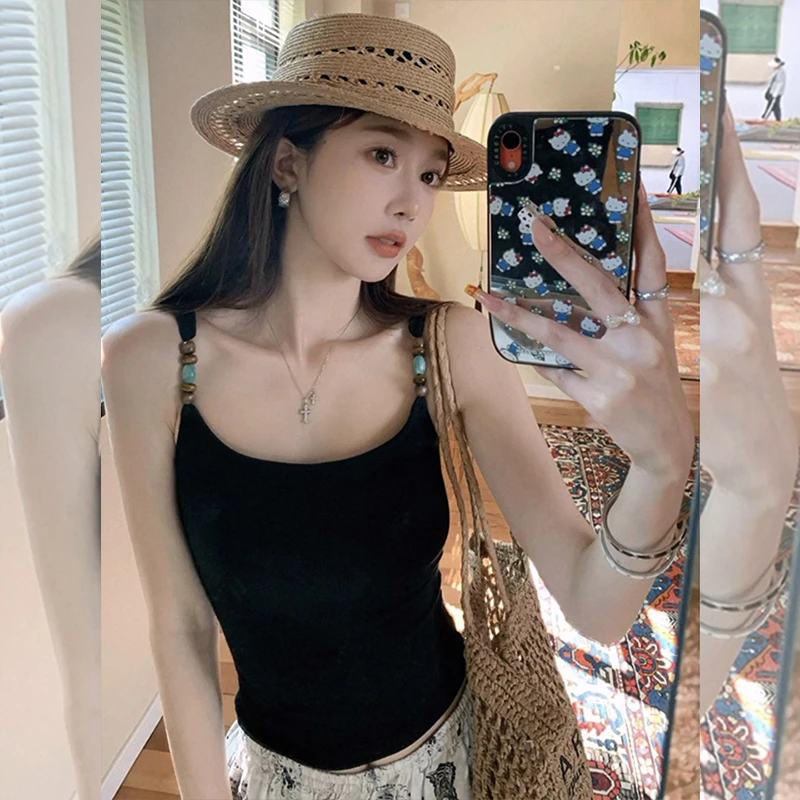 法式小资猫眼石串珠吊带背心女夏内搭美背文胸一体带胸垫打底上衣