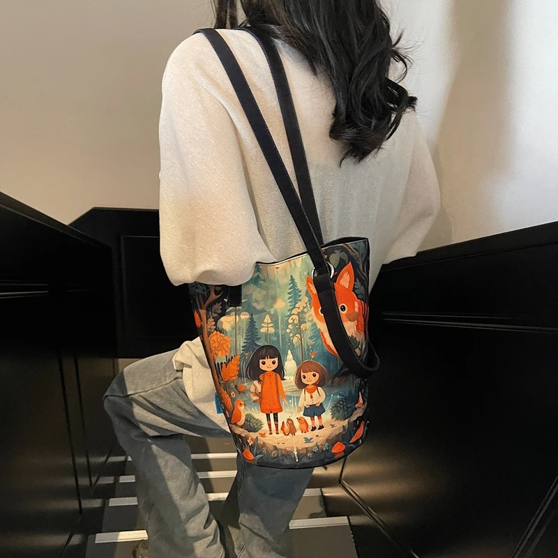 童话森林可爱卡通插画包包女2025新款百搭洋气腋下水桶包单肩包潮