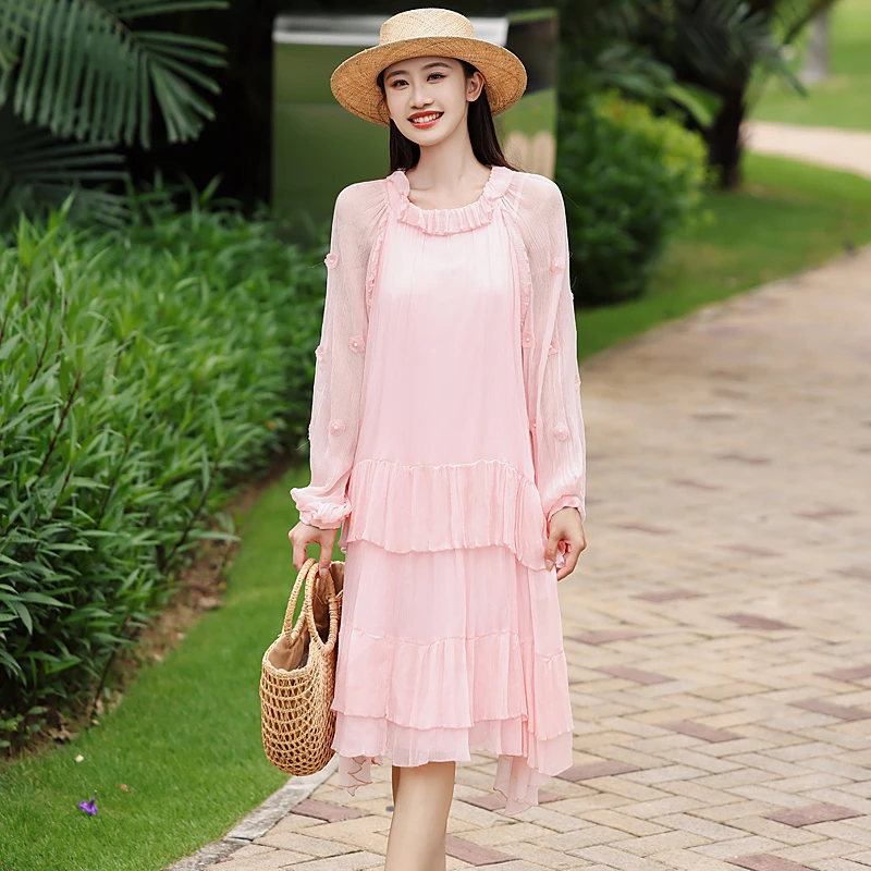 拜占庭的森林百搭轻奢显瘦简约粉色气质优雅女士时尚桑蚕丝连衣裙