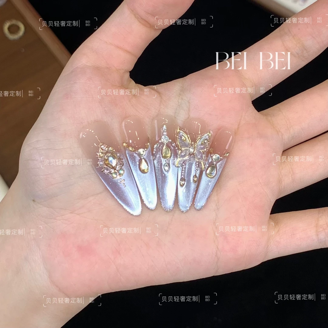 【蓝雾紫蝶】贝贝手工美甲-可重复佩戴-掉钻包补-10片