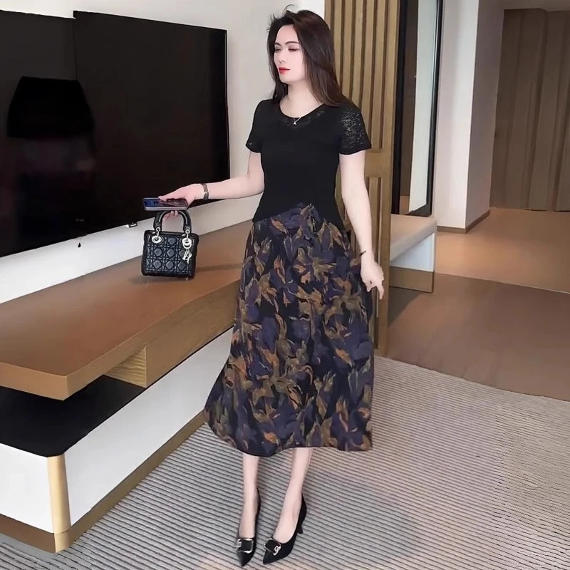 夏季新款洋气短袖T恤碎花连衣裙减龄两件套国风时尚气质套装裙女