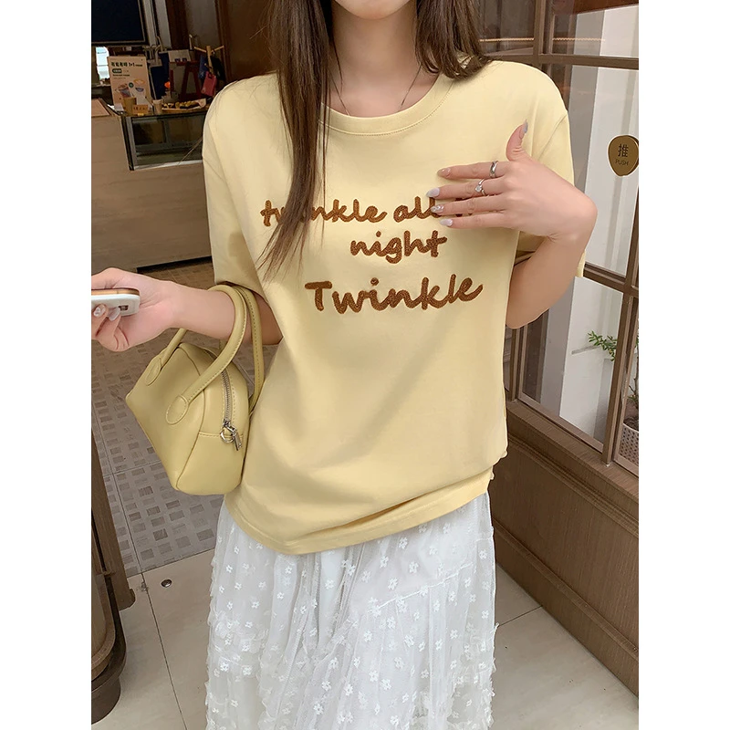 撞色字母刺绣圆领T恤女装严选好物2025夏季新款宽松韩版短袖上衣
