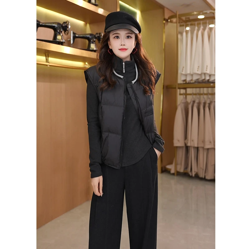 冬季新款90绒白鸭绒双拉链简约时尚纯色宽松韩版圆领羽绒马甲