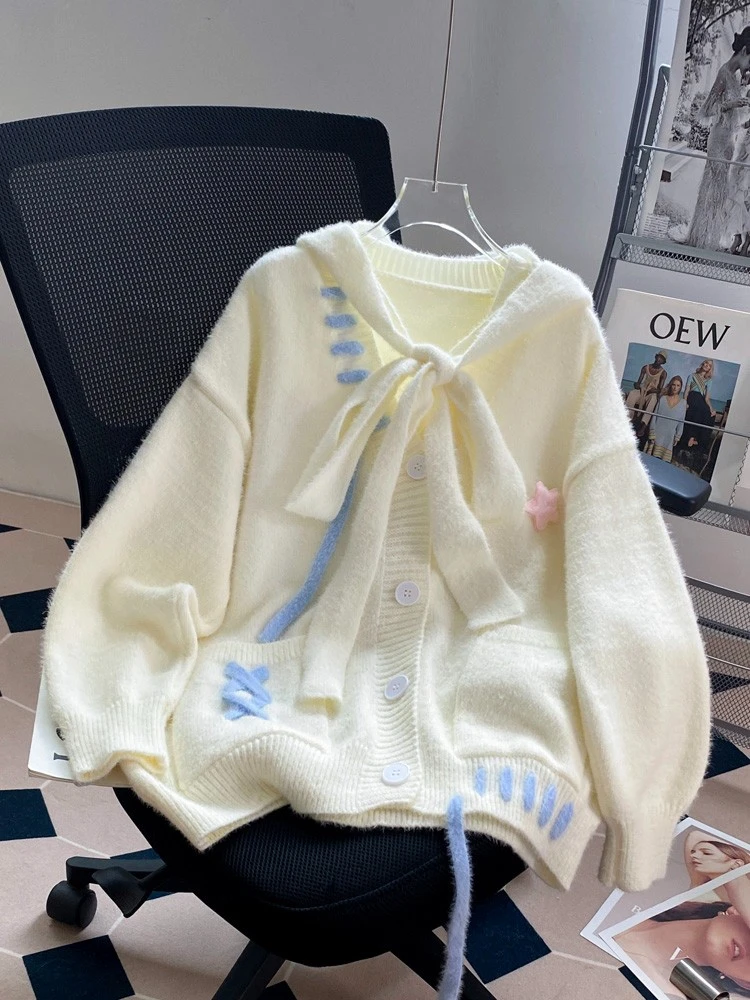 假两件连帽毛衣外套女秋冬新款甜美宽松慵懒风穿绳设计感针织开衫