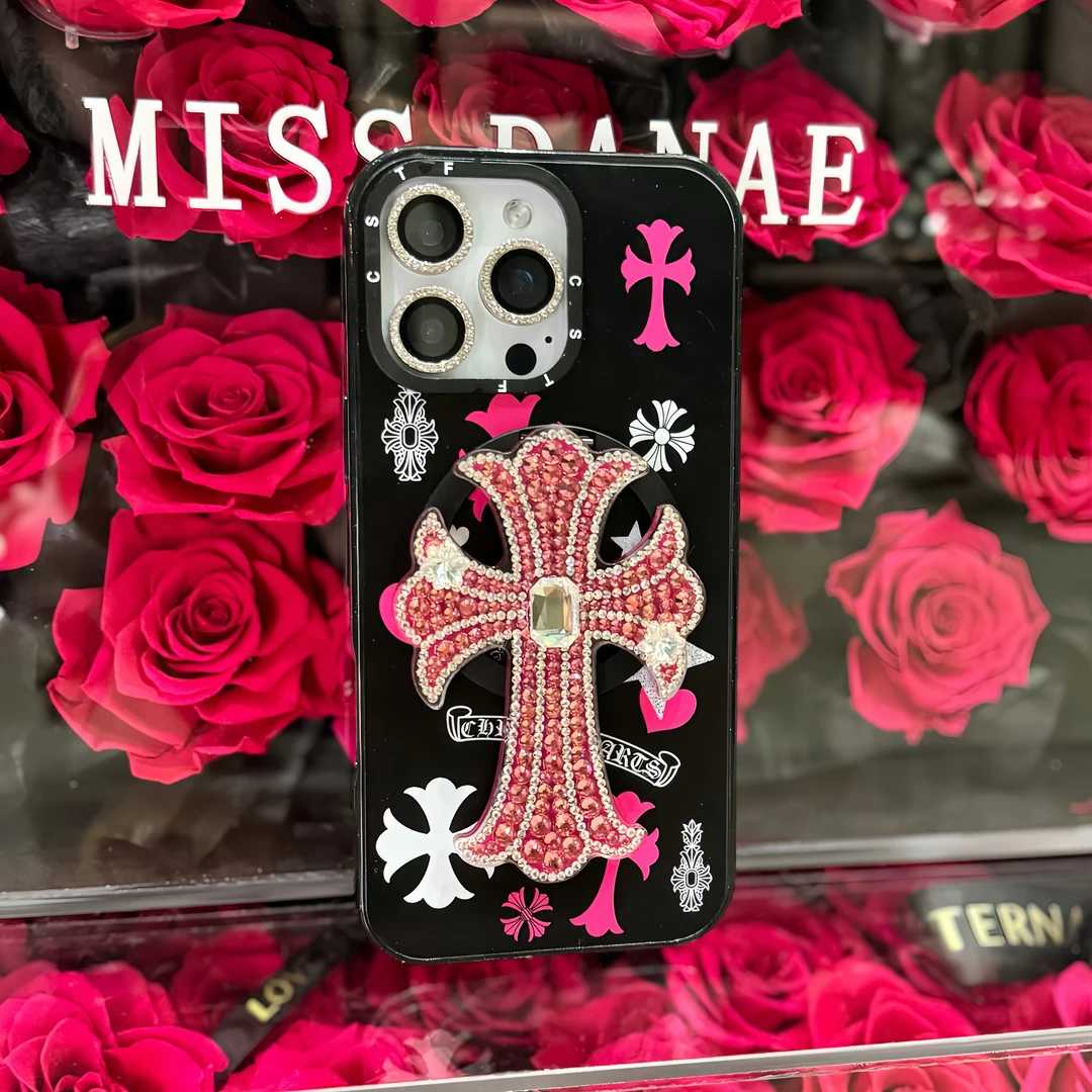 【高定-玫红克罗黑色亚克力磁吸壳】适用于iPhone16 15promax/14/13