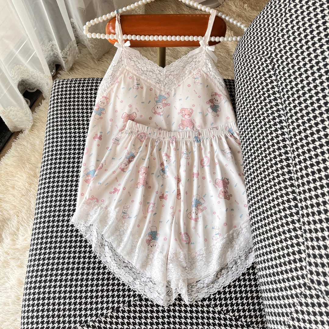 蕾丝吊带睡衣女生款夏季爆款2025年新款冰丝两件套带胸垫家居服