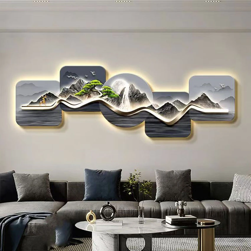 现代简约轻奢大气背有靠山迎客松山水客厅装饰画沙发背景墙装挂画