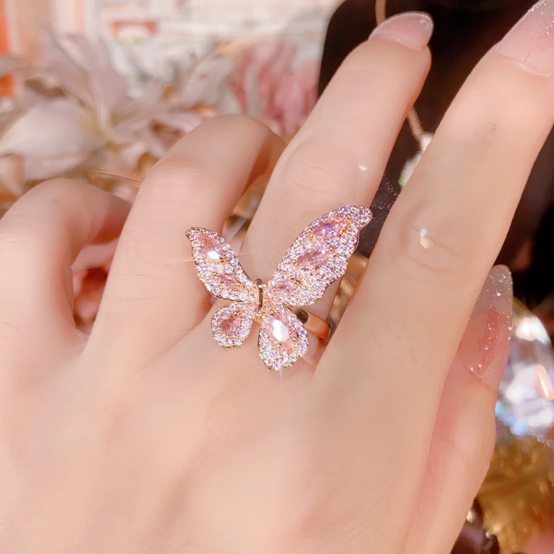 新款满镶戒指 【新粉蝶】重工女神闪耀豪华手工香槟金色活口圈