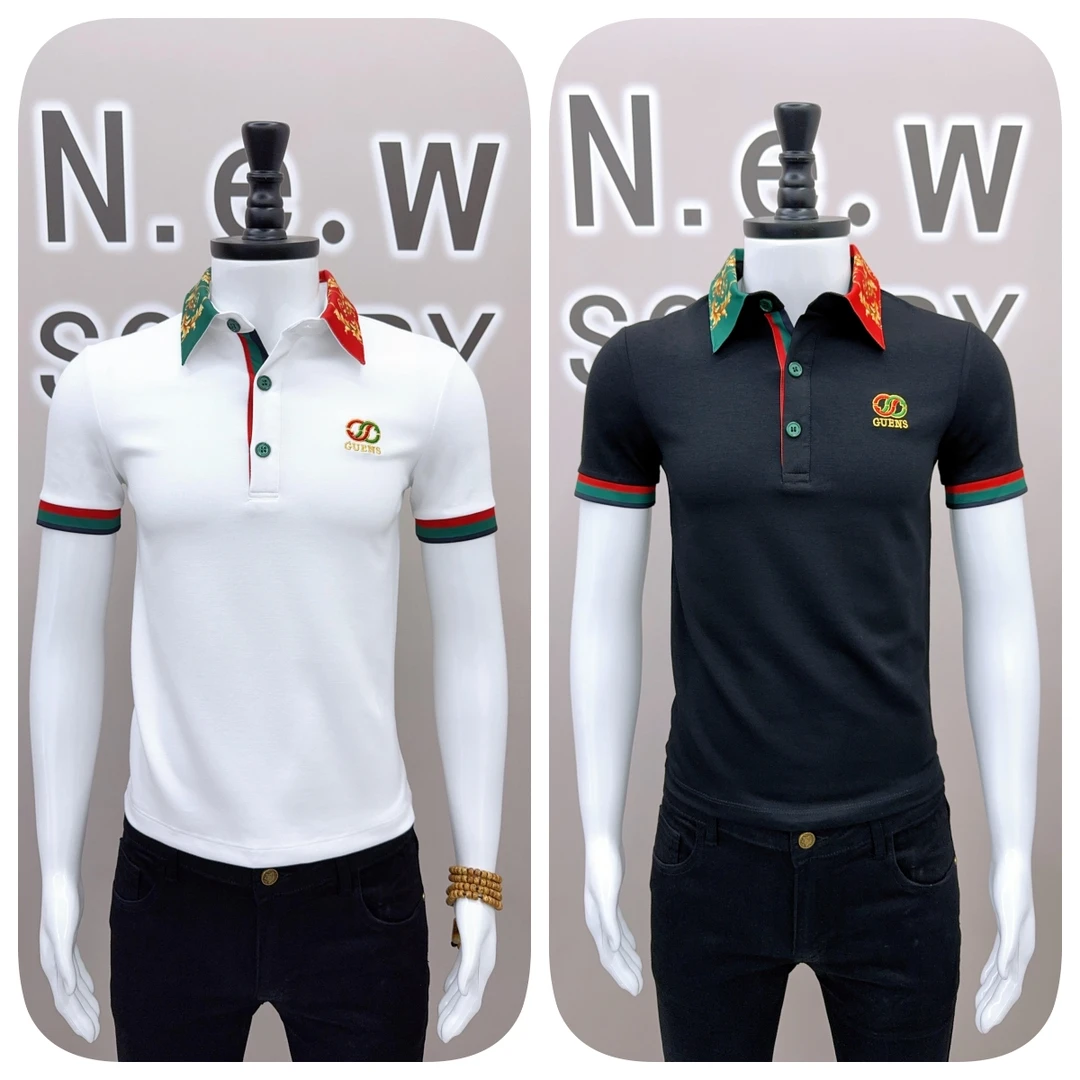 刺绣短袖拼接字母纽扣夏季Polo衫上衣高档半袖时尚休闲潮流翻领男