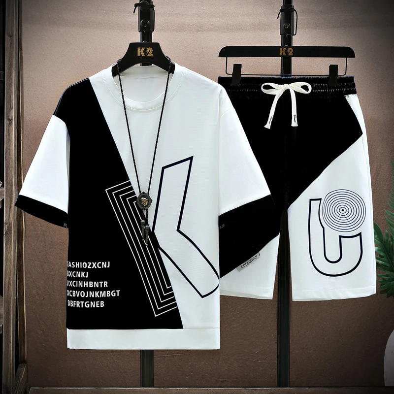 新款夏季青少年休闲宽松短袖T恤套装男韩版潮流短袖两件套情侣