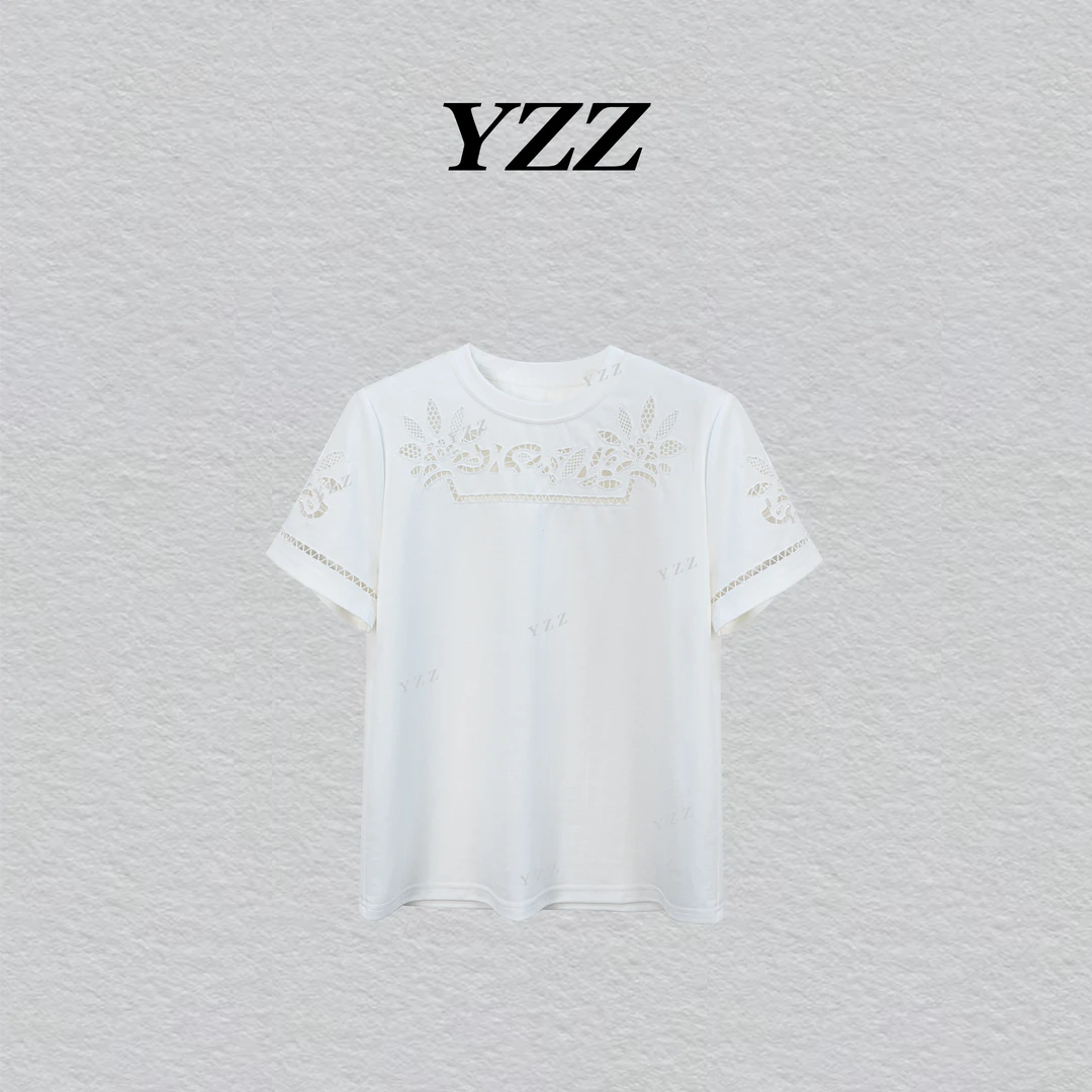 YZZ“自如” 时尚圆领字母镂空刺绣短袖T恤女 811088