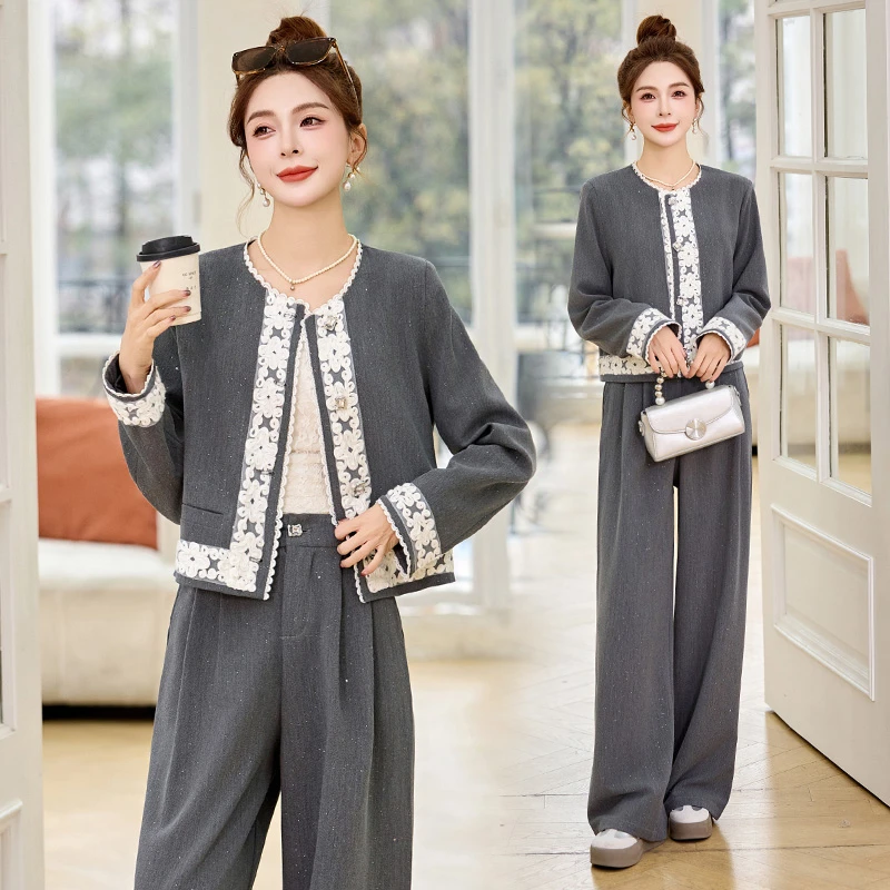 小香风蕾丝拼接牛仔时尚套装女2025春季爆款高级感气质显瘦两件套