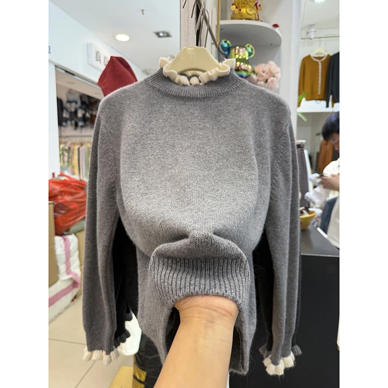 木耳边撞色打底针织衫女冬季新款毛衣大码宽松遮肚子显瘦时尚上衣