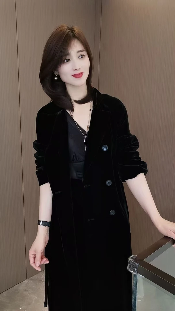 柏澜慧琳【丝绒长款风衣】显瘦气质网红洋气时尚休闲百搭黑色