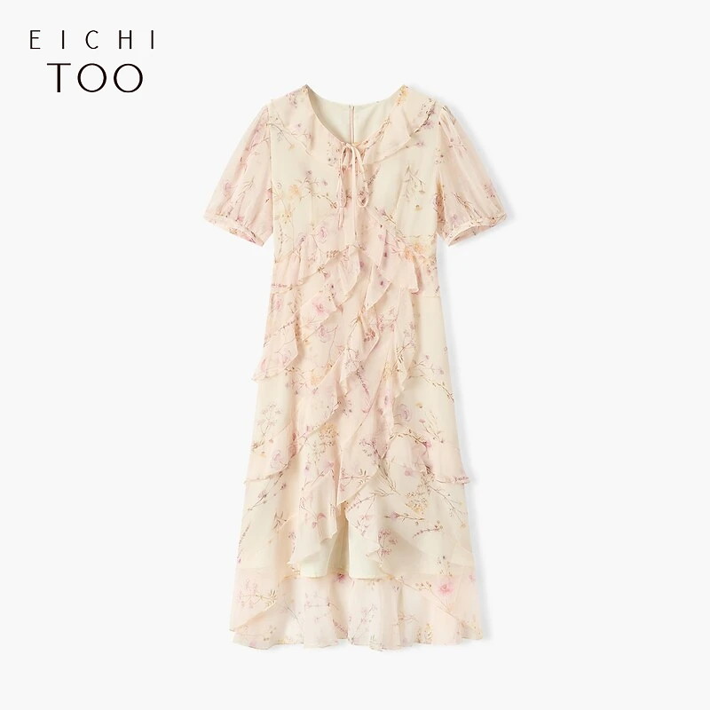A爱居兔夏季新款法式浪漫时尚粉色印花短袖连衣裙EQLBJ2N161A