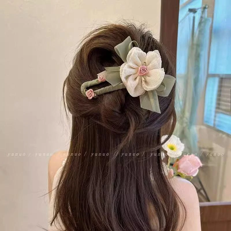 超仙网纱花朵发夹女后脑勺甜美森系鸭嘴夹2025新款鲨鱼夹一字抓夹