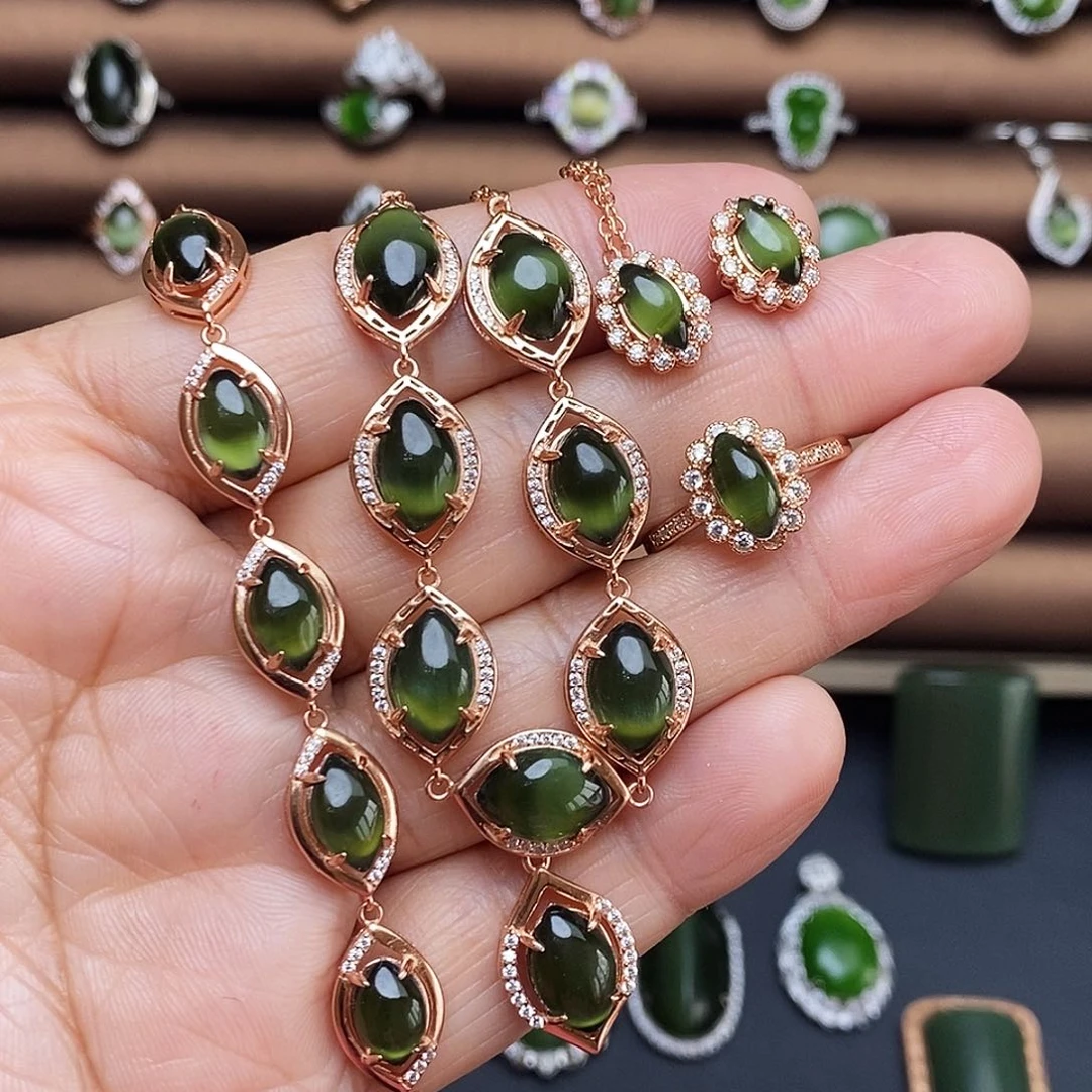 吊坠(不含链)银S925镶嵌和田玉（碧玉）套装