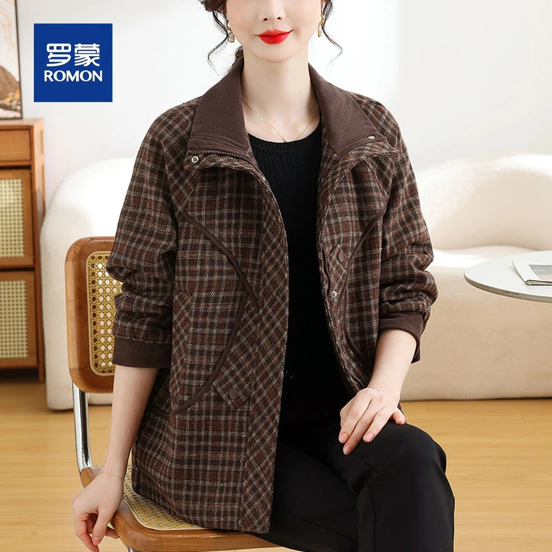 罗蒙妈妈春秋装格子短款外套女新款时尚洋气休闲宽松中年女装上衣