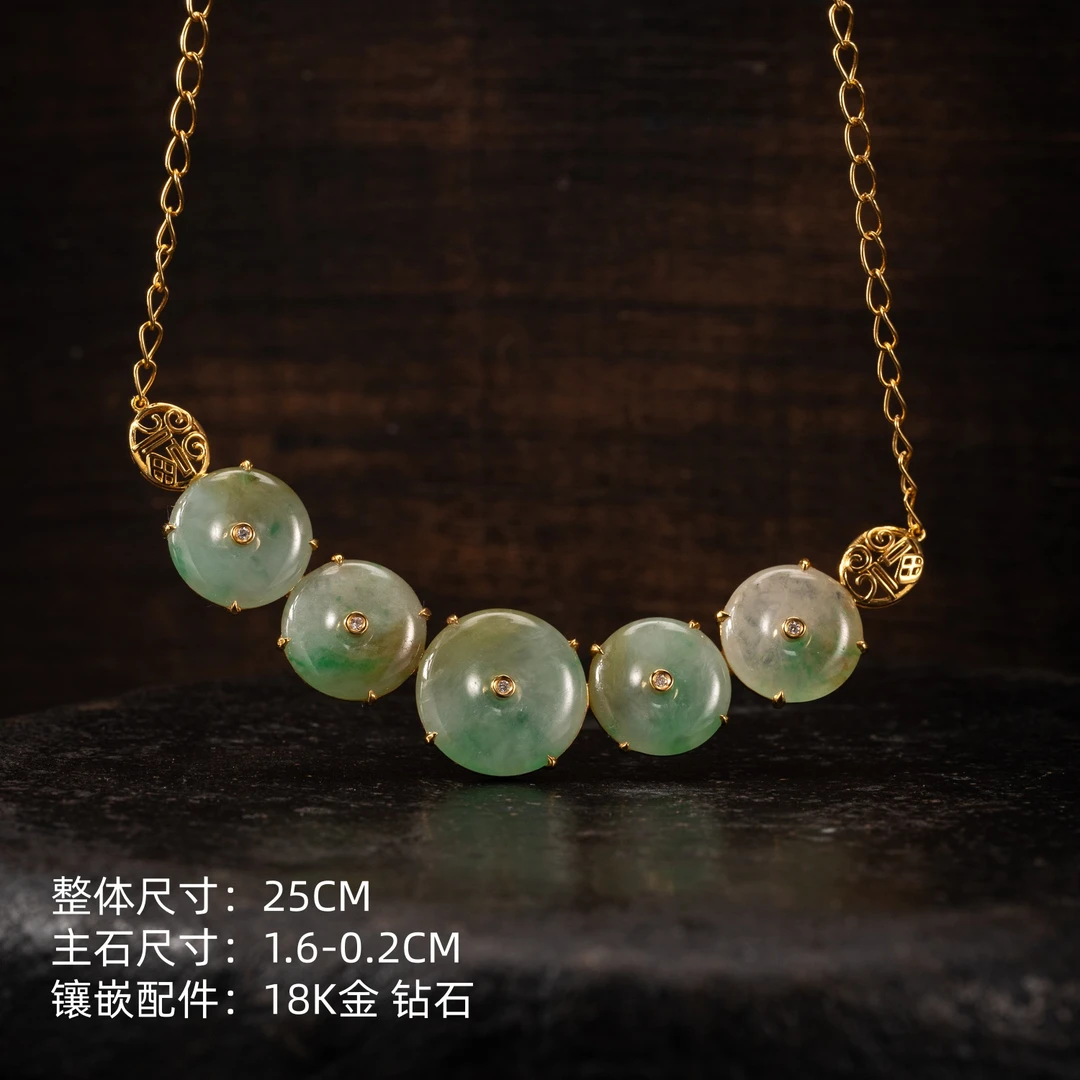 冰糯黄加绿翡翠平安扣吊坠 16mm 18K金 天然缅甸翡翠A货  0145197
