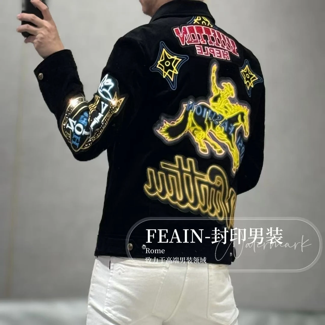 【雷迪凯奇】高端男士立体彩绘奥钻刺绣工艺灯芯条加棉夹克66233