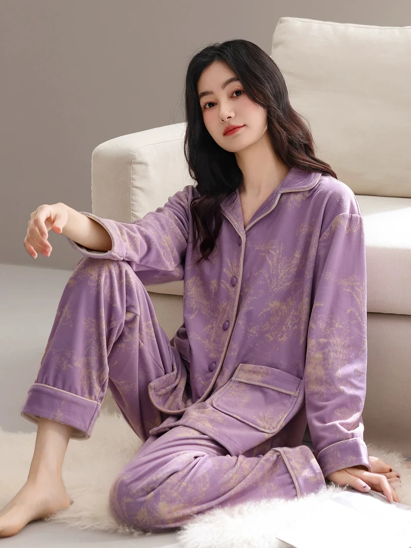 睡衣女冬季珊瑚绒加厚加绒保暖秋冬海岛绒中年妈妈家居服春秋套装