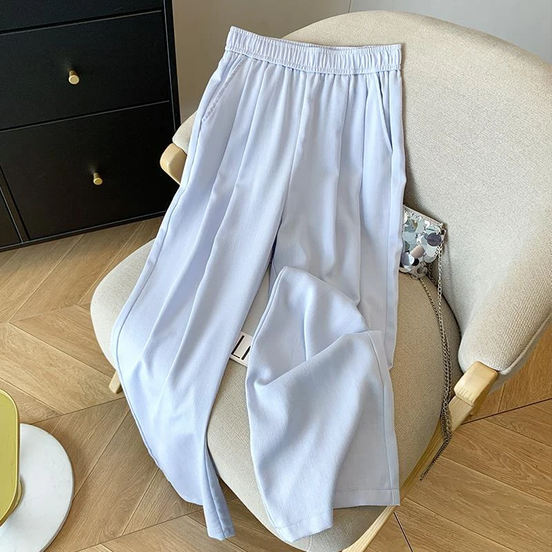 浅蓝色亚麻天丝阔腿裤女夏薄款新款宽松慵懒风垂感冰丝凉凉裤