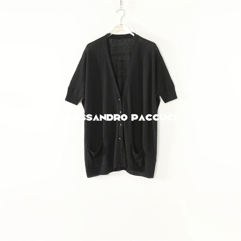 AP洛哥53123SK亚麻V领短袖多季可穿黑色休闲时尚百搭开衫