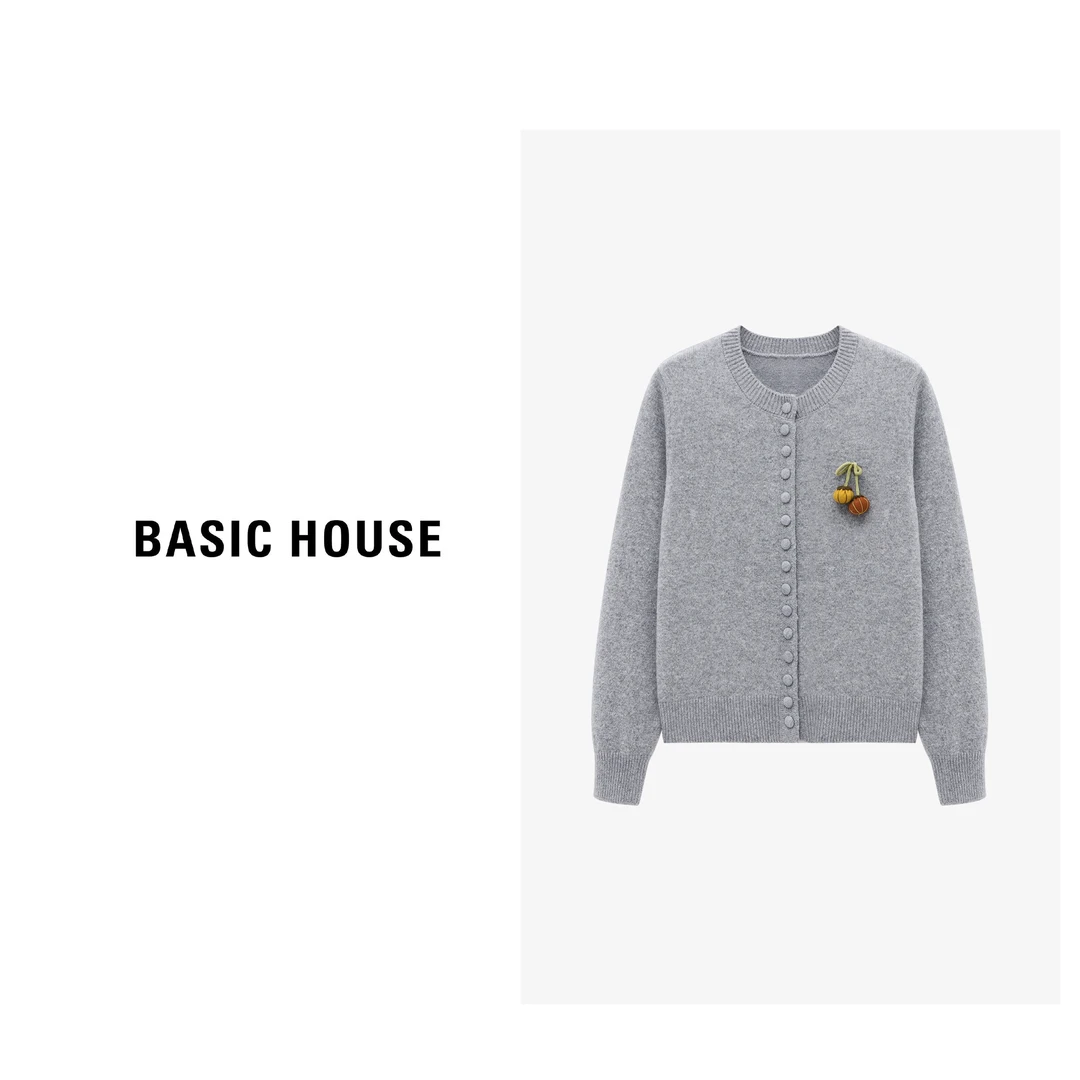 Basic House/百家好针织短款时尚休闲百搭灰色毛衣-B0625B5LLS2