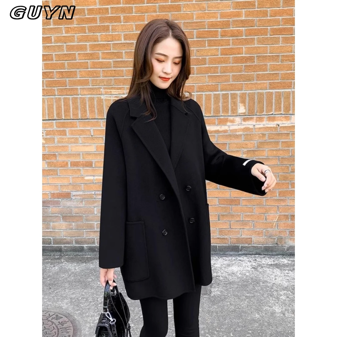 GUYN大码女装黑色显瘦毛呢西装外套女春秋新款双面呢子大衣风衣
