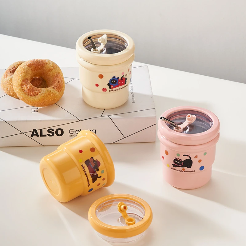 新款马克杯不锈钢多巴胺咖啡杯办公室带盖喝水杯泡茶杯吸管大容量