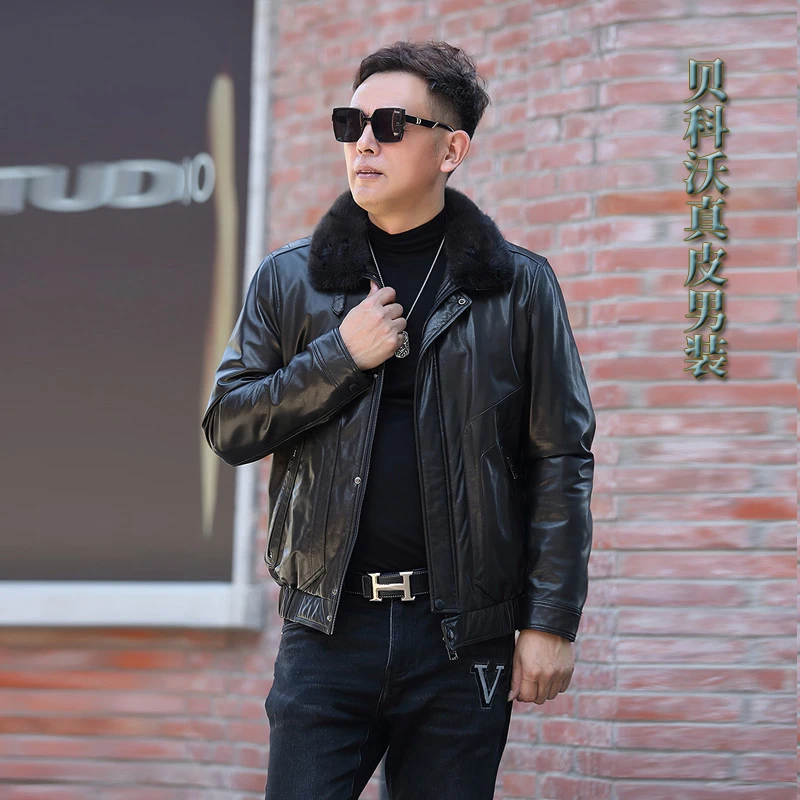 男士山羊皮可脱卸水貂领内胆秋冬保暖羽绒服8809