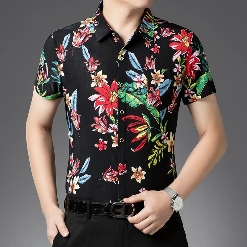 花衬衫短袖男夏季新款冰丝薄款男士印花翻领衬衣不掉色真口袋衬衫