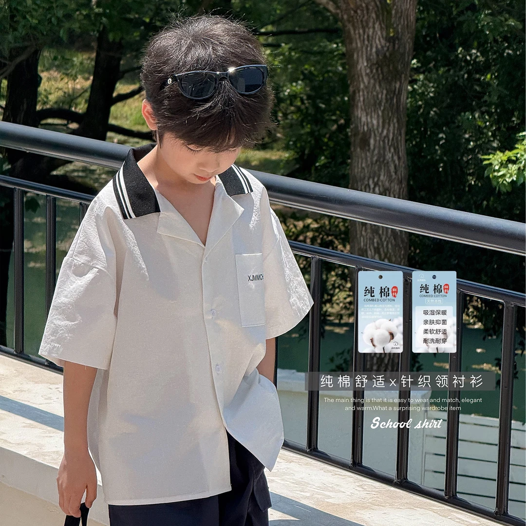 虾酱麻麻男童纯棉短袖衬衫夏装2025新款男孩上衣翻领白色儿童衬衣