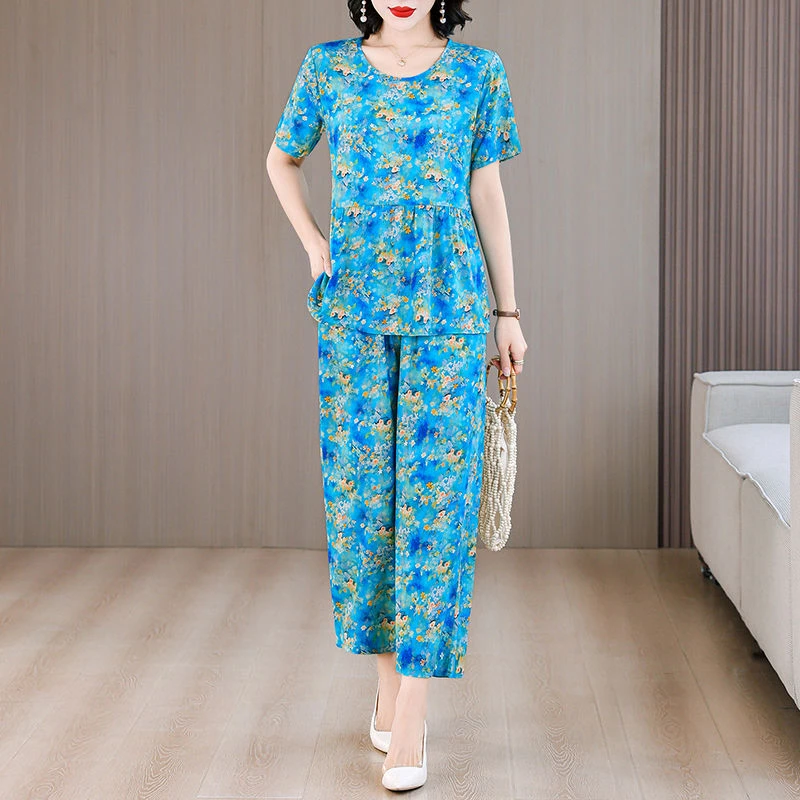 棉绸套装夏季新款洋气时尚妈妈显瘦印花休闲人造棉宽松两件套短袖