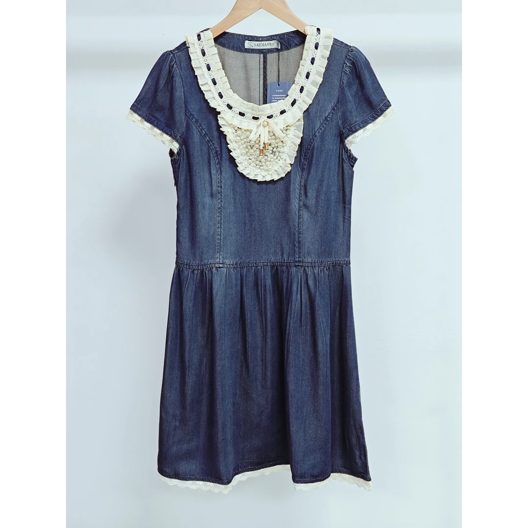 法式牛仔连衣裙气质收腰显瘦短款复古设计圆领