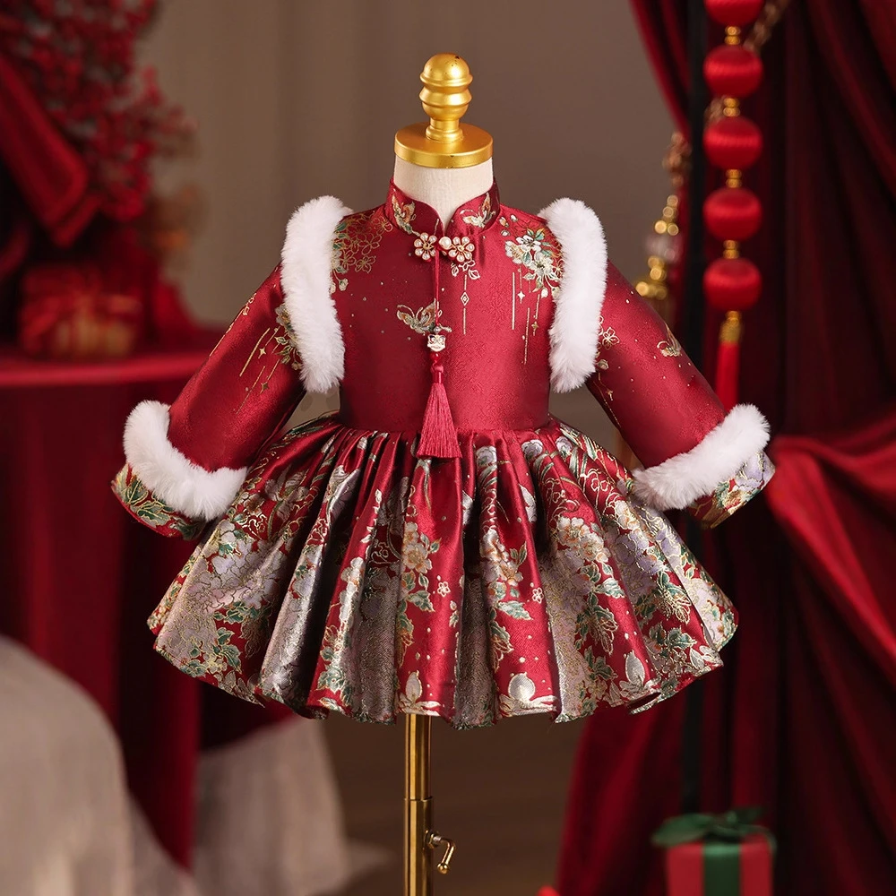 周岁女宝宝礼服红色喜庆小童抓周宴公主裙婴儿拜年服加绒加厚冬款
