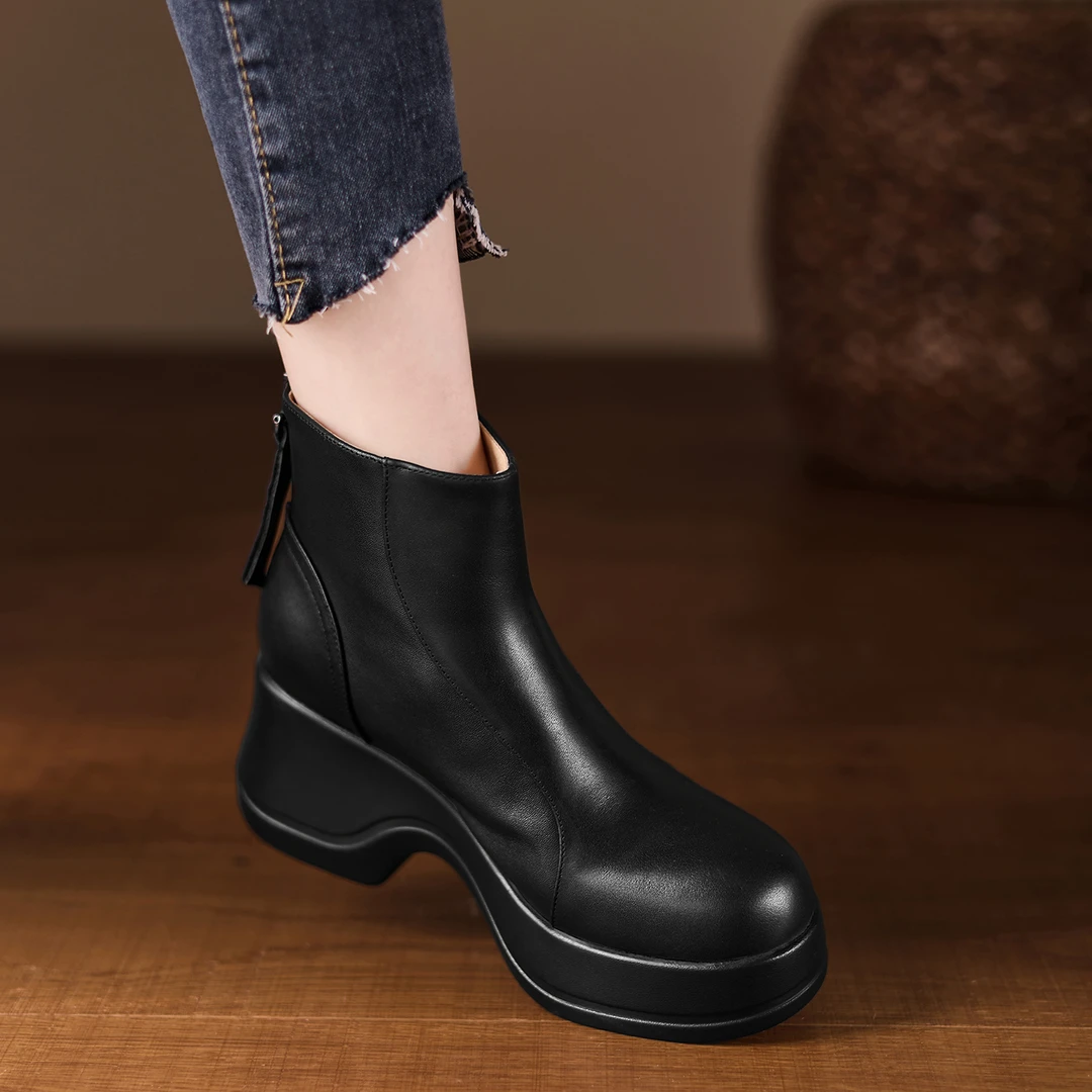 小个子手工女鞋7.5cm~女短靴时尚粗跟女高跟鞋防水台新款黑色牛皮