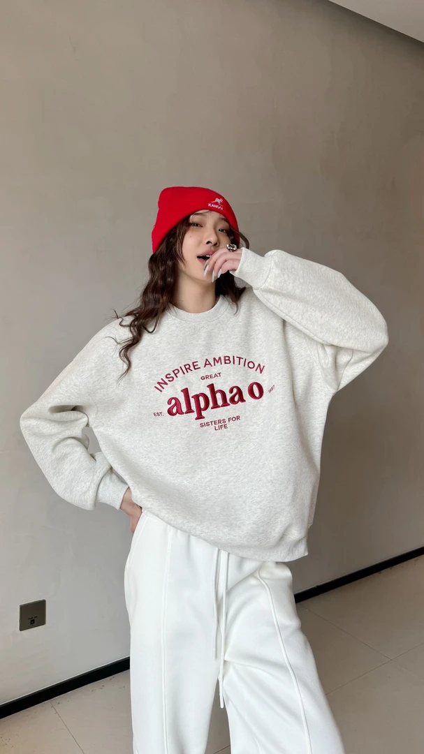 0439【春季新款】彩砂红字母刺绣alphao韩版圆领卫衣