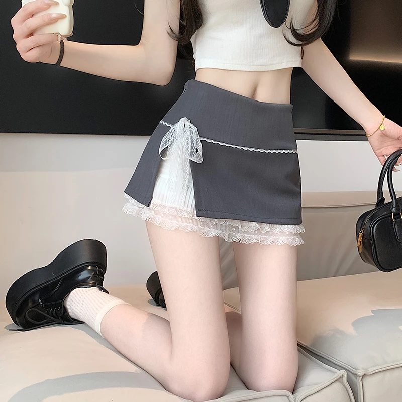 蝴蝶结蕾丝拼接开叉A字半身裙女夏季防走光辣妹高腰显瘦包臀短裙