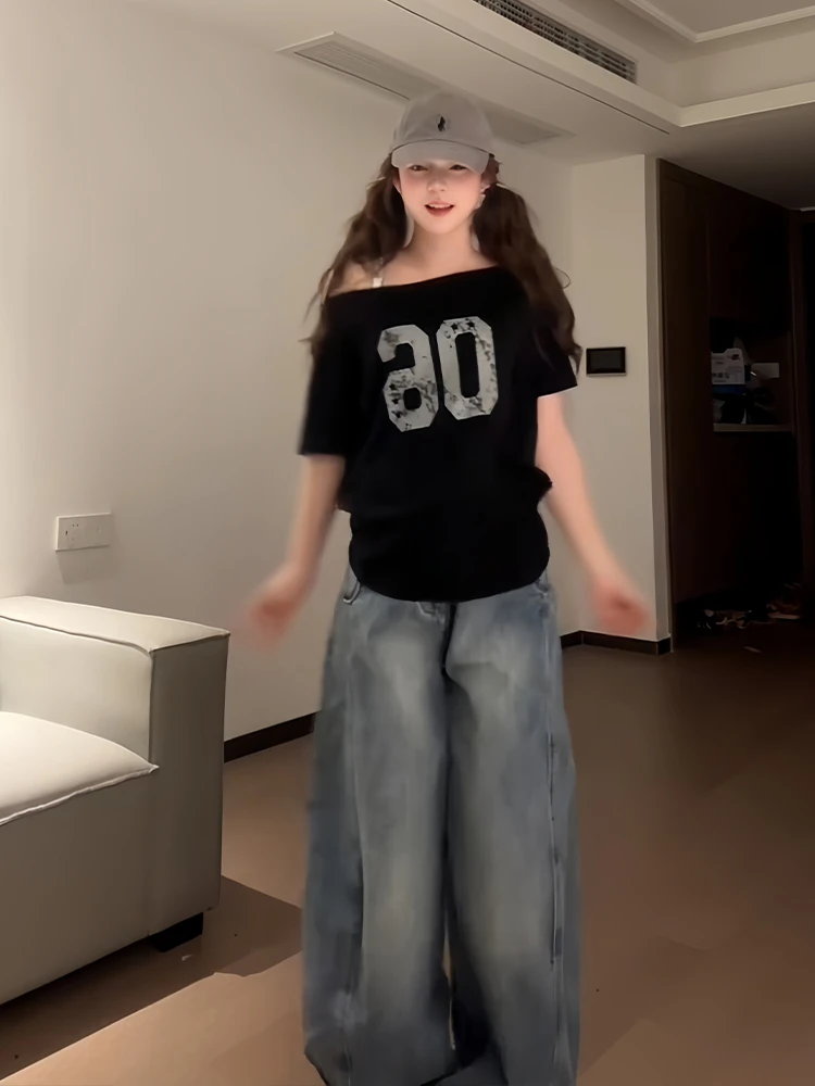 黑色斜肩短袖女夏季新款数字印花露肩t恤美式辣妹宽松休闲上衣潮