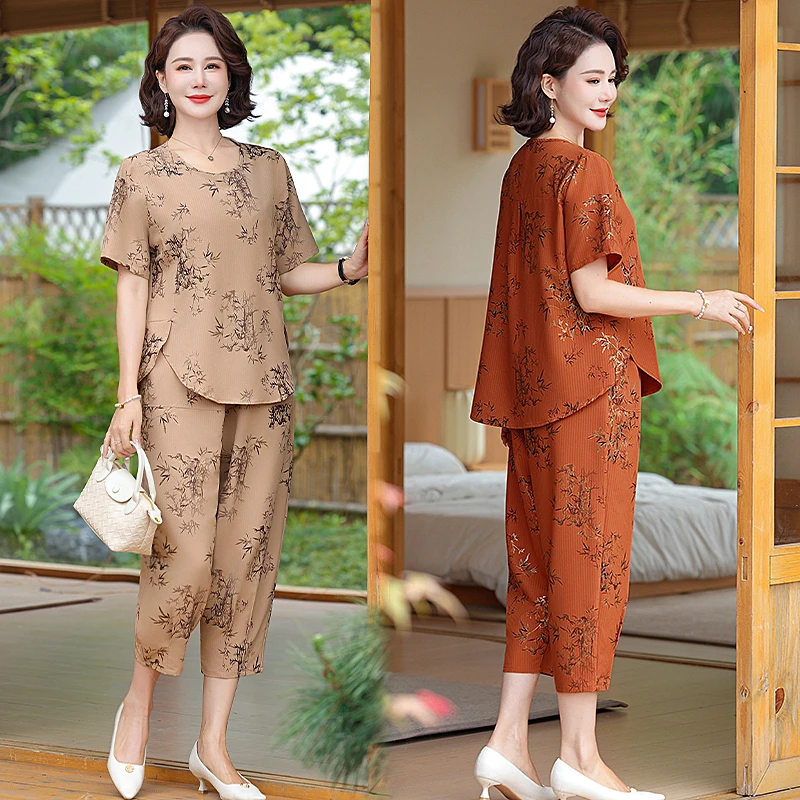 中老年妈妈装夏季新款短袖印花套装女时尚宽松显瘦大码薄款两件套