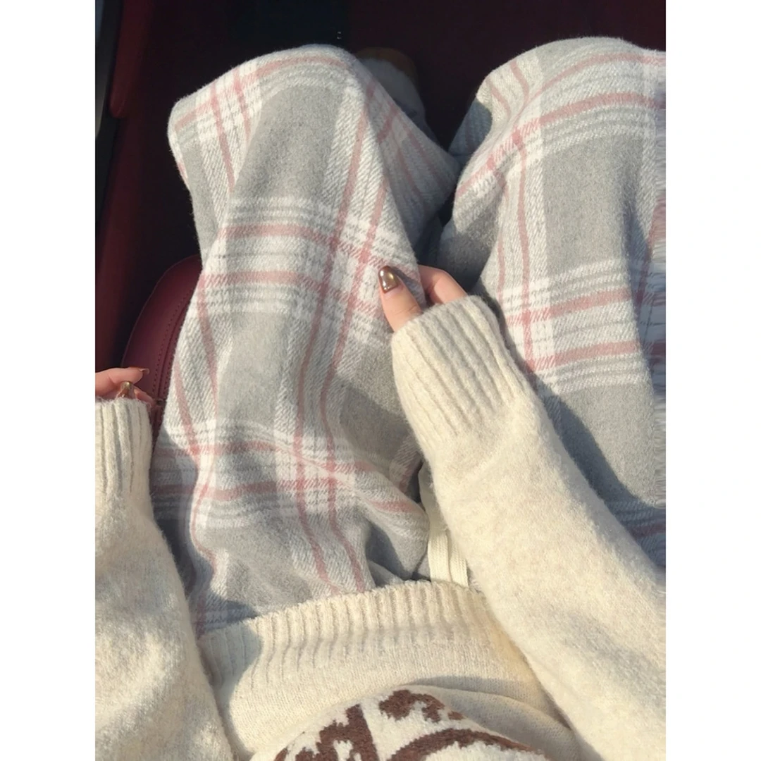 复古灰色加绒毛呢格子裤子女秋冬加厚保暖休闲直筒慵懒宽松阔腿裤