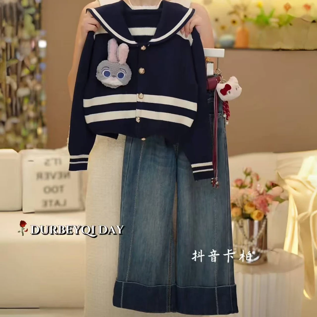 DURBEYQI/朵贝奇女童2025秋季新款海军领条纹毛衣牛仔裤套装5600