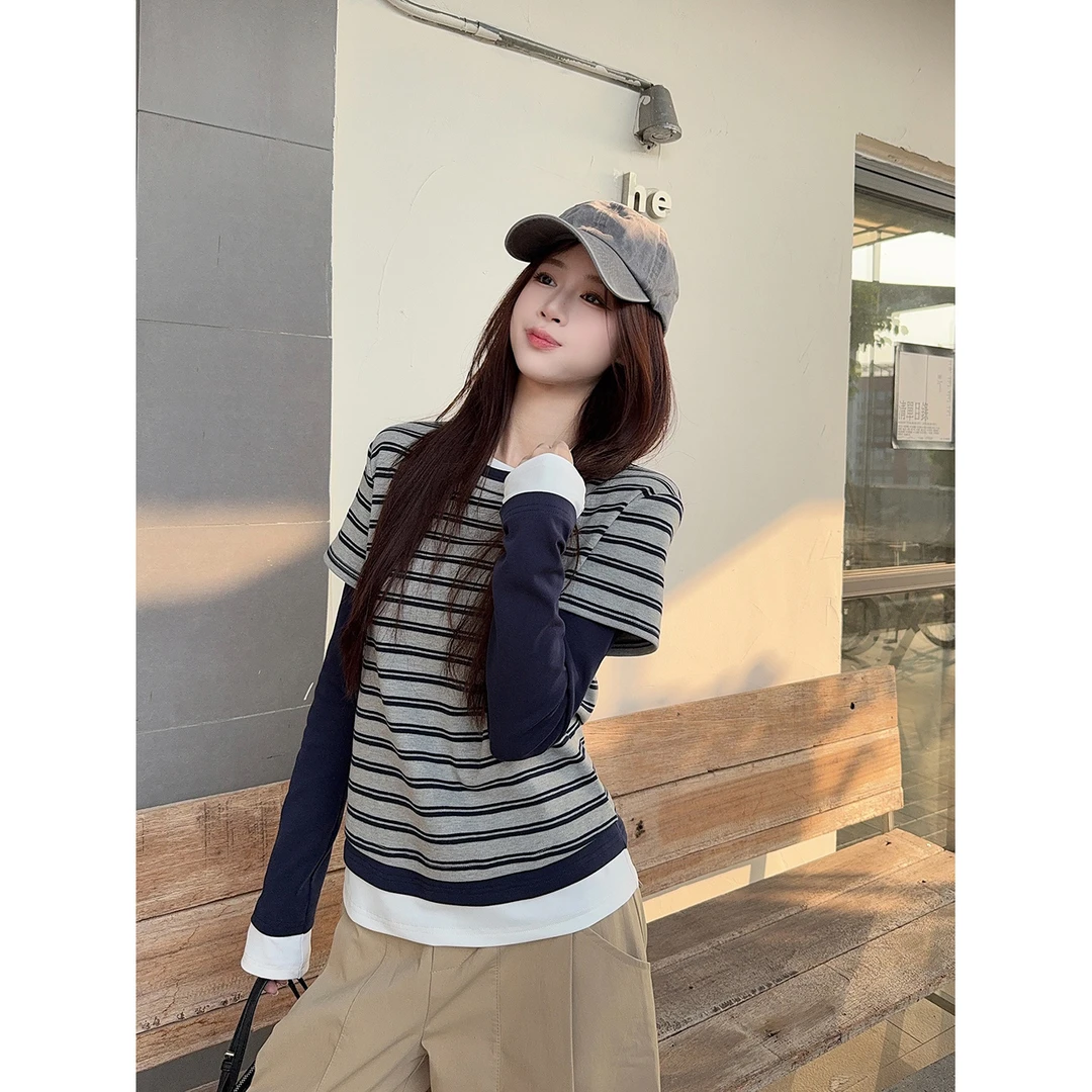 实拍实价~假三件 圆领套头休闲撞色条纹长袖T恤上衣